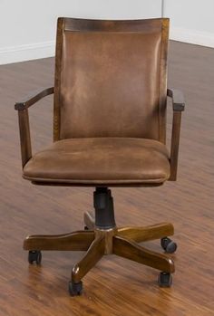 a brown office chair sitting on top of a hard wood floor