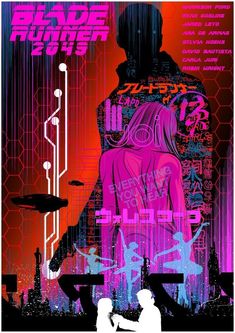 the poster for blade runner 2 is shown in pink and blue colors, with an image of