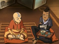 two people sitting on the floor eating food from bowls in front of each other with chopsticks