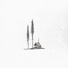 an ink drawing of a house and two trees on a snowy hill in the distance