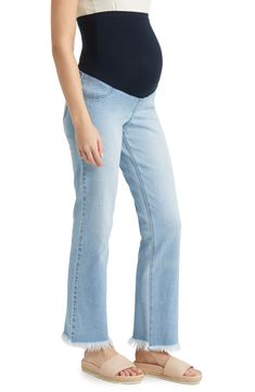 Keep your style relaxed in these full-length, low-stretch jeans made with a stretchy over-the-bump waistband for secure support throughout each trimester. 32" inseam; 15 1/2" leg opening 99% cotton, 1% spandex Machine wash, tumble dry Imported Maternity Boot Cut Jeans, Denim Maternity Wear Bottoms, Maternity Denim Bottoms Bump Friendly, Bump Friendly Maternity Denim Jeans, Maternity Bump Friendly Denim Jeans, Stretch Denim Maternity Bottoms, Casual Maternity Denim Bottoms, Maternity Denim Bottoms In Medium Wash, Maternity Wear Medium Wash Denim Bottoms