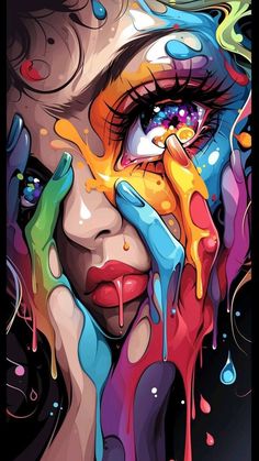 a woman's face covered in colorful paint and dripping from her eyes, with the words