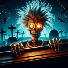 a creepy skeleton with glowing eyes and hair