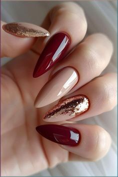 Red Beige Nails, Beige Nails Ideas, Nail Autumn, Wine Nails, November Nails, Gold Glitter Nails, Green Nail Designs, Cute Nails For Fall