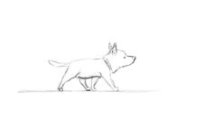 a drawing of a dog walking on the ground with its head turned to the side