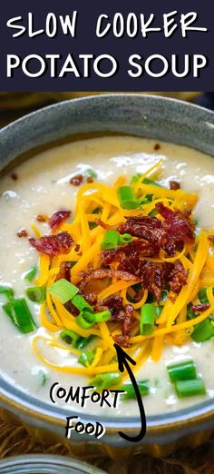 a bowl of potato soup with bacon, cheese and green onions