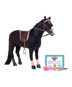 a black horse with pink bridle and harness next to a toy certificate on white background