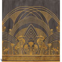 an art deco screen with two birds in the center and flowers at the bottom, against a dark background