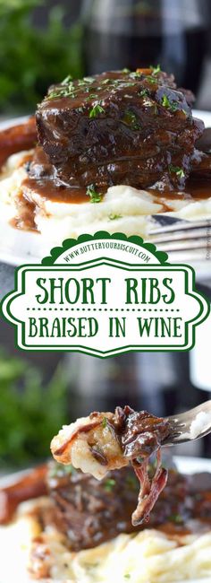 short ribs are braised in wine on top of mashed potatoes and garnished with parsley