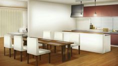 a modern kitchen and dining room are depicted in this artist's rendering, with wood flooring