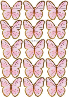 pink butterflies with gold trims are arranged in the shape of a butterfly on a white background