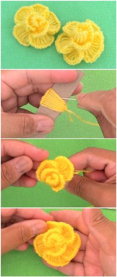 four pictures showing how to crochet the flower in two different stages, one is yellow