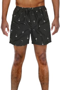 Fit & style*Model wears size L and is 6'2"*5.5" Inseam*Printed swim shorts*Soft fabric with an inner mesh liner*Full elastic waistband*Multiple pockets*Black / White Palm Tree print*polyesterMade In: ImportedFabric Contents: 100% Polyester Black Athletic Shorts With Built-in Shorts For Summer, Black Swim Trunks With Built-in Shorts For Beachwear, Black Relaxed Fit Summer Shorts, Black Nylon Swimwear With Drawstring, Black Drawstring Swim Trunks For Beachwear, Black Bottoms With Built-in Shorts For Beach Season, Summer Black Shorts With Pockets, Black Casual Swimwear For Vacation, Casual Black Swimwear For Vacation