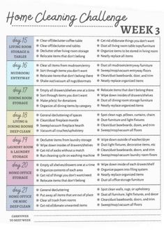 a printable cleaning checklist with the words'home cleaning challenge week 3 '