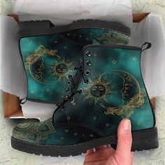 Green Sun And Moon Leather Boots For Men And Women, Gift For Hippie Lovers, Hippie Boots, Lace Up Boots Boots Moon, Moon Shoes, Hippie Boots, Vegan Leather Boots, Yellow Boots, Handcrafted Boots, Moon And Sun, Custom Boots, Mens Leather Boots