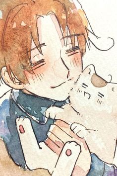 a watercolor painting of a boy holding a cat