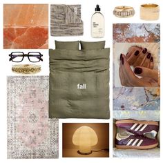 a collage of different items including shoes, blankets and eyeglasses with the words fall written on them