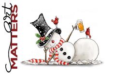 two snowmen wearing hats and scarfs with beer