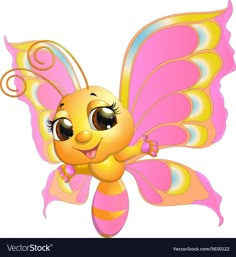 a cute little yellow and pink butterfly with big eyes on a white backgroun