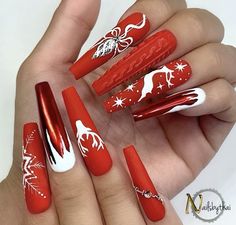 Nail Noel, Punk Nails, Red Acrylic Nails, Long Nail Designs, Cute Christmas Nails, Stylish Nails Designs, Christmas Gel Nails, Nails Design With Rhinestones, Pretty Nail Art Designs