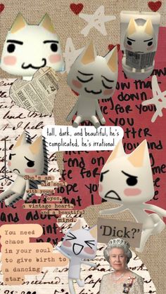 a collage with cats and other items on top of each other, including paper