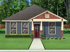 this is an artist's rendering of a small house in the front yard with landscaping