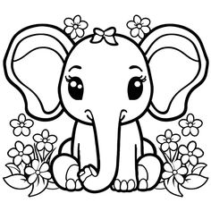 an elephant with flowers on it's head sitting in the grass and looking at the camera