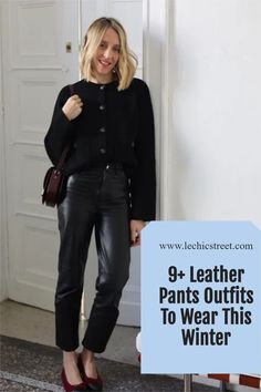 9+ Leather Pants Outfits To Wear This Winter. Chic Leather Pants Outfits To Wear Now. Leather pants outfit to try out for the winter fashion. Plenty of winter outfit and leather pants outfits to try out for the winter. Leather pants outfit winter is perfect for the leather pant outfit casual. Chic inspo for winter fashion with leather pants. #leatherpantsoutfit #leatherpantoutfit #leatherpantsoutfitwinter #winteroutfits #winterfashion Night Out Leather Pants Outfit, Leather Pants Velvet Top, Leather Pants And Sequin Top Outfit, Kut From The Kloth Leather Pants, Leather Pants Outfit Women’s, Elegant Leather Pants Outfit, Styling Leather Pants Winter, Suede And Leather Outfit, Black Leather Pants Outfits For Women