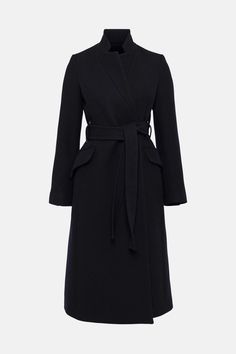 Italian Wool Blend Investment Notch Coat | Karen Millen Chic Wool Coat With Belted Cuffs And Notch Lapel, Chic Pea Coat With Belted Cuffs For Formal Occasions, Chic Formal Pea Coat With Belted Cuffs, Elegant Fitted Pea Coat With Belted Cuffs, Elegant Pea Coat With Belted Cuffs For Work, Long Wool Coat With Self Belt For Work, Wool Coat With Self Belt For Workwear, Elegant Winter Outerwear With Belted Cuffs, Chic Wool Coat With Belted Cuffs For Formal Occasions