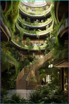 the interior of an office building with plants growing on the walls and stairs leading up to the second floor