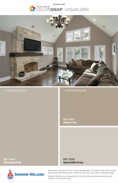 the color scheme for this living room is gray, brown and white with an open fireplace