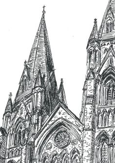 a drawing of an old church with steeples