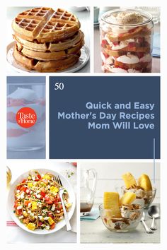 mother's day recipe collage featuring waffles, fruit and other foods