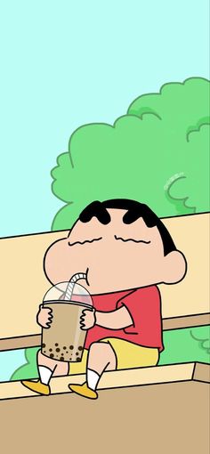 a cartoon character sitting on a bench holding a drink in one hand and looking down at the ground