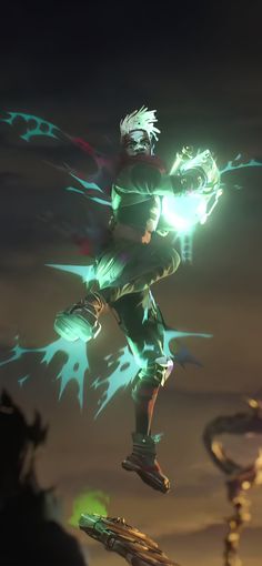 a man flying through the air while holding onto a green glowing object in his hand