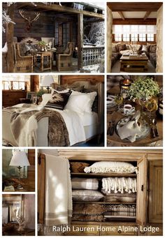 a collage of photos showing the inside of a cabin with wood furniture and decor