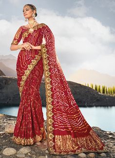 Bridal Red Multi Embroidery Bhandhej Satin Silk Saree Contemporary Saree, Mirror Work Saree, Maroon Saree, Purple Saree, Wedding Saree Indian, Bandhani Saree, Satin Saree, Embroidery Saree, Work Sarees