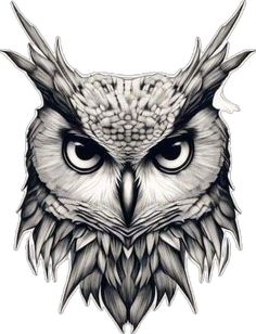 an owl's head with big eyes and sharp claws on its face is drawn in black and white