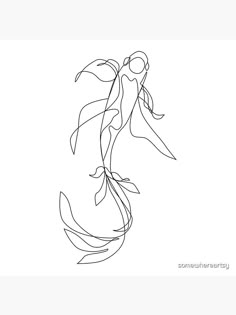 a line drawing of a mermaid swimming in the ocean with her tail curled back and long hair flying through the air