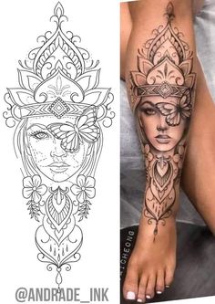 a woman's leg with tattoos on it and an image of a face in the background