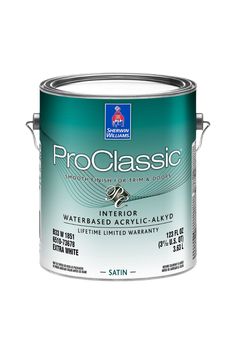 a white paint with the words proclasic on it in blue and green