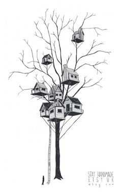 a black and white drawing of a tree with several houses on it's branches