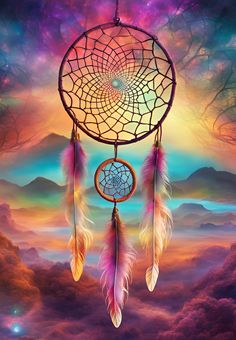 a painting of a dream catcher in the sky with mountains and clouds behind it,