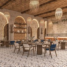 an artistic rendering of a restaurant with tables, chairs and chandeliers hanging from the ceiling