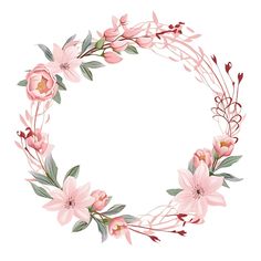 a floral wreath with pink flowers and green leaves