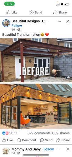 two screenshots showing the before and after pictures of a house that has been built