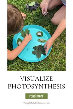 two children playing with leaf photos on a blue plate in the grass, text reads visualize photosynthesis read more