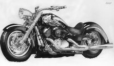 a drawing of a motorcycle with skulls on the front wheel and back tire rims