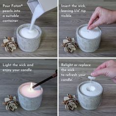 how to make a candle holder out of an old concrete container and some flowers on the side