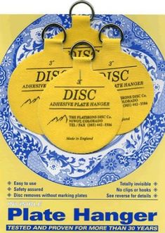 a plate hanger is shown with the words disc written in blue on it